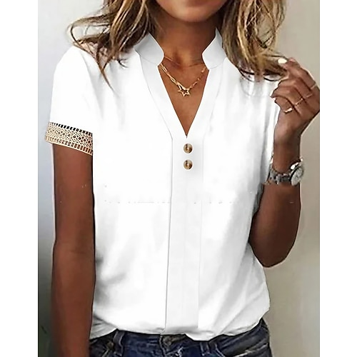 

Жен. Рубашка Блуза Полотняное плетение Повседневные Белый кнопка С короткими рукавами Элегантный стиль Мода Классический Воротник-стойка Стандартный