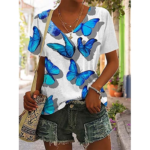 

T shirt Tee Femme Bleu Roi Bleu Papillon Imprimer Manche Courte du quotidien Fin de semaine basique Col V Normal Standard Papillon Peinture S