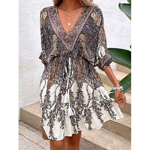 

Women's Casual Dress Ethnic Dress Floral Dress Ditsy Floral Tribal Print V Neck Midi Dress Fashion Streetwear Daily Holiday Half Sleeve Loose Fit Gray Summer Spring S M L XL XXL