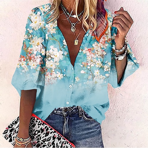 

Mujer Camisa Blusa Rosa Azul Piscina Verde Trébol Floral Botón Estampado Manga Larga Casual Festivos Básico Cuello Mao Regular Flor S