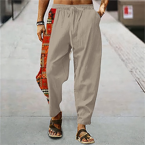 

Men's Trousers Summer Pants Beach Pants Carrot Pants Drawstring Elastic Waist Patchwork Comfort Breathable Casual Daily Holiday Fashion Ethnic Style Black White