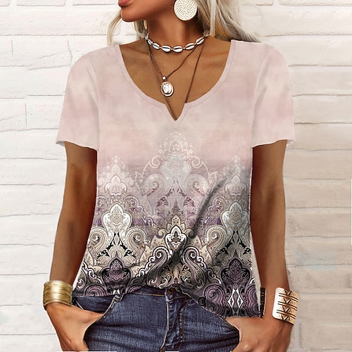 

T shirt Tee Femme Rose Claire Bleu Violet Graphic Imprimer Manche Courte du quotidien Fin de semaine Tuniques basique Col V Normal Standard Peinture S