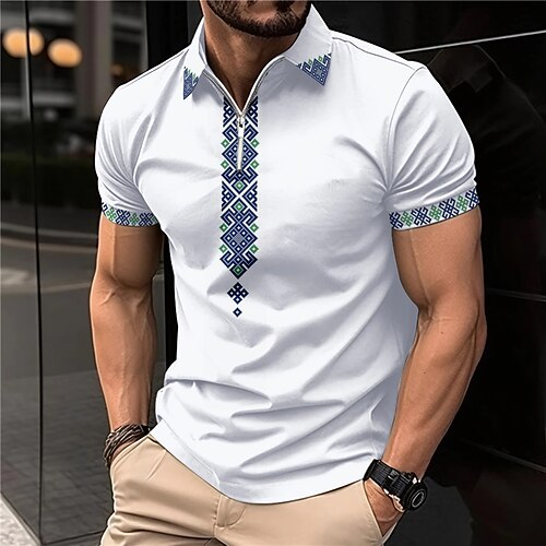 

Men's Zip Polo Lapel Polo Polo Shirt Golf Shirt Graphic Prints Geometry Turndown Red Blue Green Gray Outdoor Street Short Sleeves Zipper Print Clothing Apparel Fashion Designer Casual Breathable