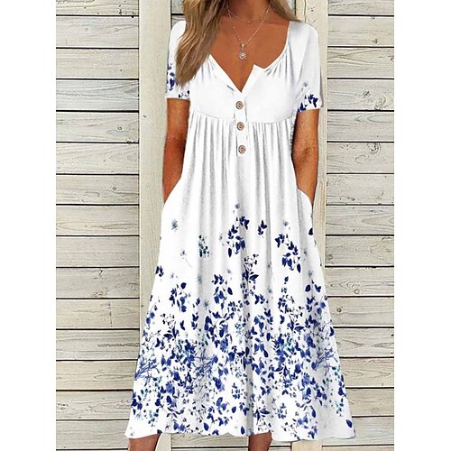 

Damen Lässiges Kleid Sommerkleid Kleid drucken Blumen Schmetterling Rüschen Taste Gespaltener Hals Midikleid Modisch Strassenmode Outdoor Täglich Kurzarm Regular Fit Schwarz Weiß Gelb Sommer Frühling