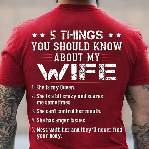 

Father's Day papa shirts 5 Things You Should Know About My Wife T-Shirt Mens 3D Shirt For Anniversary Red Summer Cotton Men'S Tee Graphic Letter Clothing Apparel 3D Print Outdoor Daily Short Sleeve