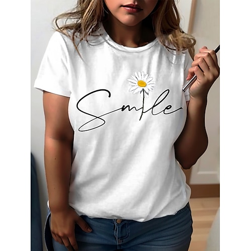 

Women's T shirt Tee Black White Yellow Daisy Print Short Sleeve Casual Weekend Basic Round Neck Regular Cotton Floral Painting Plus Size L