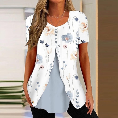 

Mulheres Camisa Social Blusa Preto Branco Vermelho Floral Botão Imprimir Manga Curta Casual Feriado Básico Decote V Padrão Tema Flores S