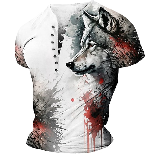 

Men's T shirt Tee Henley Shirt Graphic Animal Wolf Henley Clothing Apparel 3D Print Daily Sports Short Sleeve Buckle Print Fashion Designer Vintage