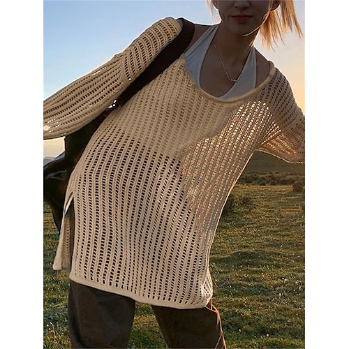 

Women's Pullover Sweater Jumper Jumper Crochet Knit Split Hole Solid Color Crew Neck Stylish Casual Outdoor Daily Summer Spring Khaki S M L