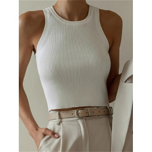 

Mulheres Colete de moletom Saltador Estriado Tricotar Cropped Entrançado Ombro frio Cor imaculada Gola Redonda Sensual Casual Ao ar livre Diário Verão Primavera Preto Branco Tamanho Único