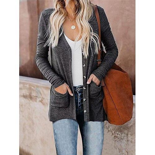 

Mulheres Sueter Cardigan Saltador Estriado Tricotar Botão Bolsos Côr Sólida Decote V à moda Casual Diário Para Noite Verão Primavera Branco Rosa S M L