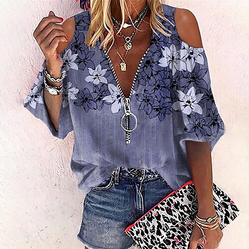 

Mujer Camisa Blusa Azul Piscina Morado Verde Trébol Floral Cortado Cremallera de un cuarto Manga Larga Casual Festivos Básico Escote en Pico Regular Flor S