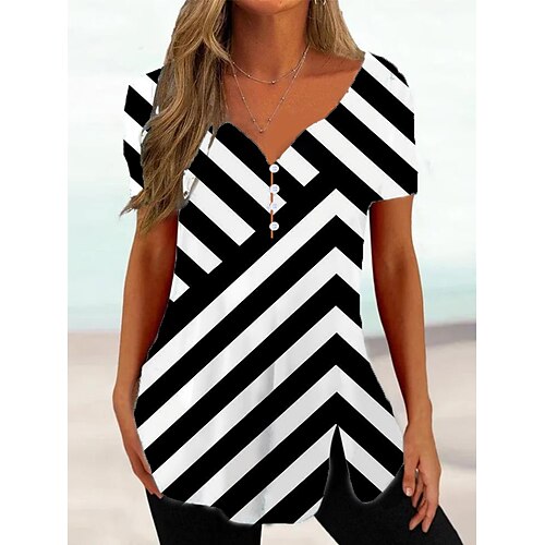 

Women's T shirt Tee Blouse Black White Yellow Geometric Button Print Short Sleeve Casual Basic V Neck Regular Geometric S