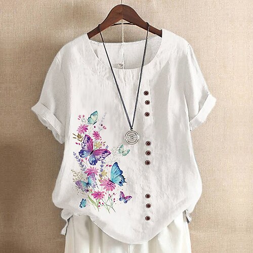 

Mulheres Camisa Social Blusa Branco Floral Borboleta Botão Imprimir Manga Curta Casual Feriado Básico Decote Redondo Padrão Tema Flores Borboleta S