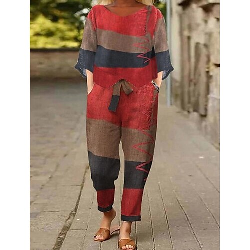 Femme Chemise Ensembles de pantalons Pantalon Vêtement de rue Rose Claire Rouge Casual Quotidien Bloc de couleur Imprimer Col V S M L XL 2XL