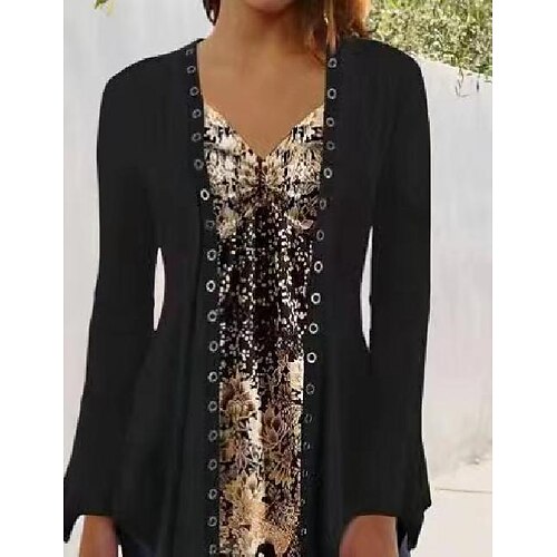 

Mulheres Camisa Social Blusa Preto Floral Imprimir Manga Longa Casual Básico Decote V Padrão Tema Flores XS