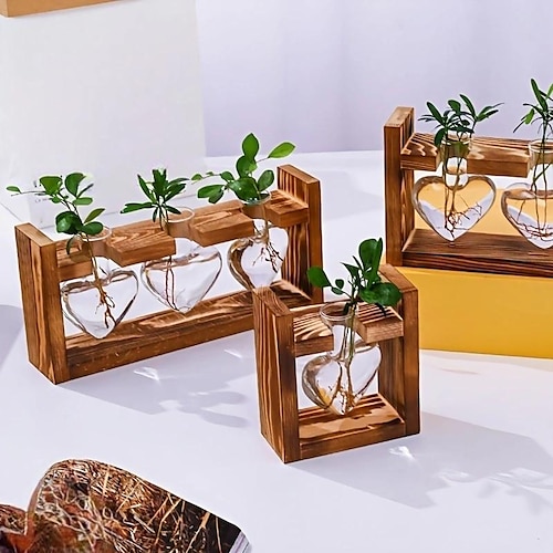 

Hydroponik-Pflanzengeschirr aus Holz in Herzform aus Glas, Desktop-Ornament, Gartenblumengeschirr