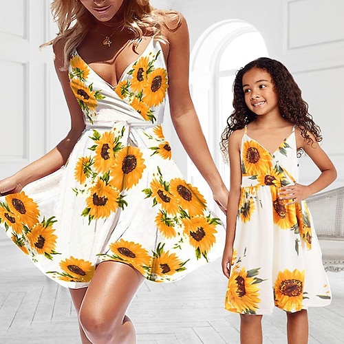 

Mamãe e eu Vestidos Floral Casual Amarelo Claro Sem Manga Vestido Tipo Regata Longa Adorável Roupas Combinando