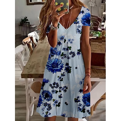 

Mulheres Vestido casual Vestido de verão Vestido estampado Floral Imprimir Decote V Vestido midi Ativo Moda Ao ar livre Diário Manga Curta Normal Branco Azul Azul empoeirado Verão Primavera S M L XL