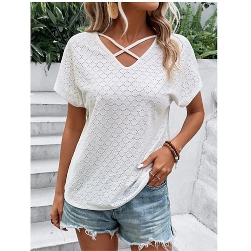 

Women's Shirt Blouse White Plain Short Sleeve Casual Basic V Neck Regular S
