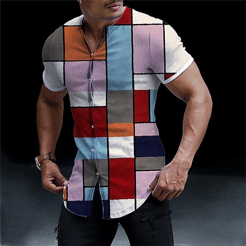 

Hombre Camisa Bloque de color Ajedrez Estampados Escote Chino Azul Piscina Exterior Calle Manga Corta Estampado Ropa Moda Design Casual Cómodo