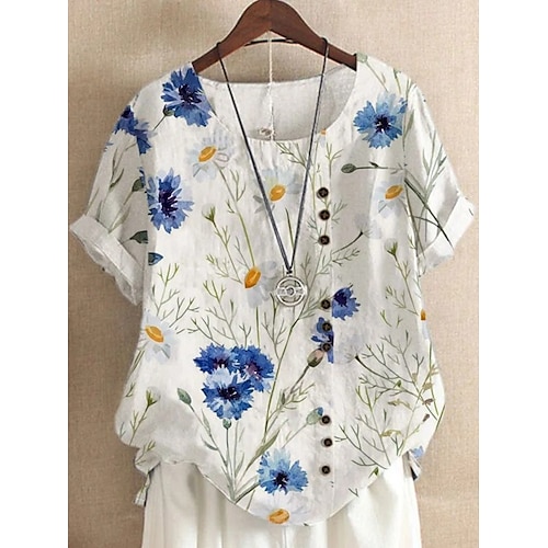 

Women's Shirt Blouse White Blue Floral Button Print Short Sleeve Casual Holiday Basic Round Neck Regular Floral S