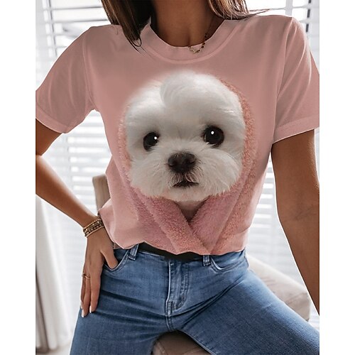 

Damen T Shirt Rosa Hund Bedruckt Kurzarm Täglich Wochenende Basic Rundhalsausschnitt Standard Farbe S