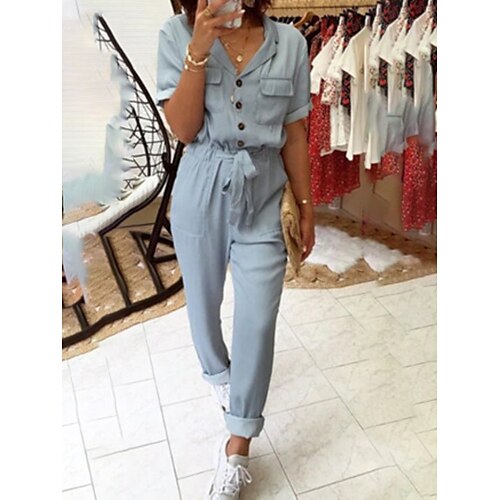 

Women's Jumpsuit Lace up Button Solid Color Shirt Collar Streetwear Daily Going out Regular Fit Short Sleeve Light Blue S M L Summer