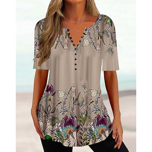 

Women's T shirt Tee Henley Shirt Floral Holiday Weekend Button Print White Short Sleeve Tunic Basic Round Neck