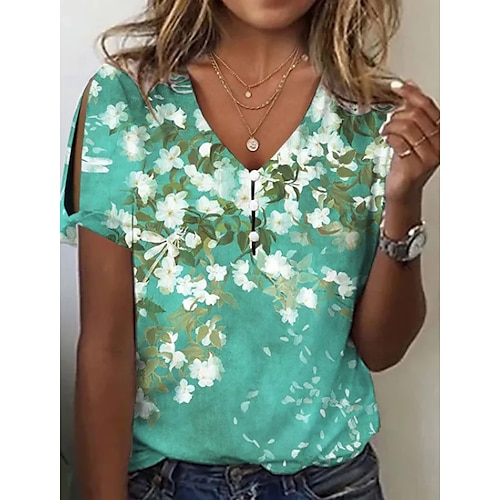 

T shirt Tee Femme Blanche Rose Claire Vin Floral Bouton Découpé Manche Courte Vacances Fin de semaine basique Col V Normal Standard Fleur Peinture S
