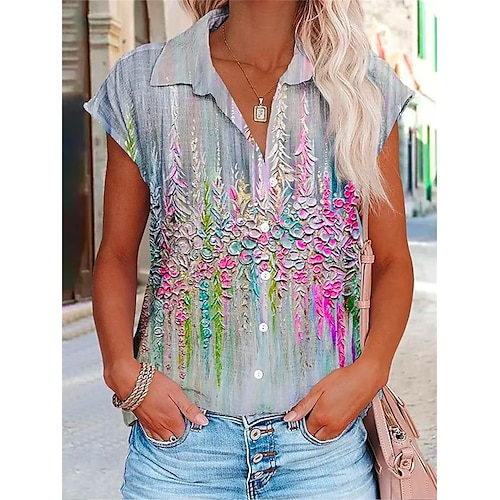 

Mulheres Camisa Social Blusa Rosa Floral Botão Imprimir Manga Curta Casual Feriado Básico Colarinho de Camisa Padrão Tema Flores S