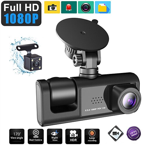 

Caméra de tableau de bord 3 canaux avant et arrière à l'intérieur, vision nocturne 1080p dash ir, caméra dvr de voiture d'enregistrement en boucle avec écran ips de 2 pouces 3 caméras dashcam de