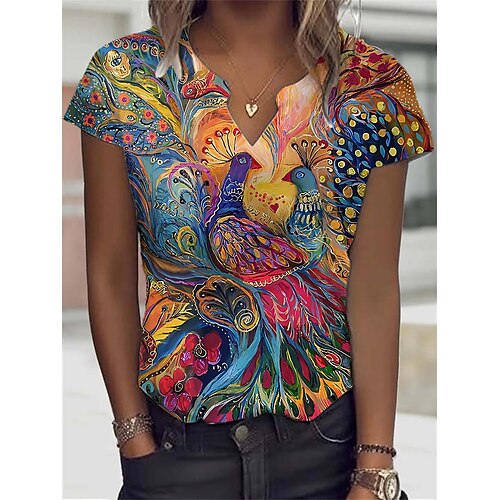 

Damen T Shirt Weiß Marineblau Blau Graphic Blumen Bedruckt Kurzarm Festtage Wochenende Basic V Ausschnitt Standard Blume Farbe S