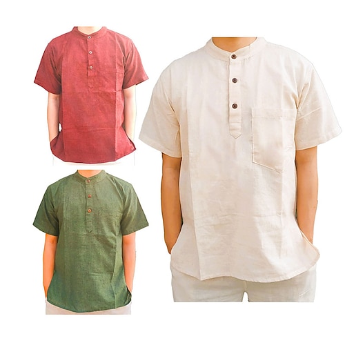 

Homens Camisa Social camisa de linho camisa de verão camisa de praia Camisa Henley Branco Vermelho Verde Manga Curta Tecido Henley Verão Casual Diário Roupa Bolso frontal