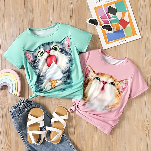 

Girls' T shirt Short Sleeve T shirt Tee Graphic Cartoon Cat 3D Print Active Fashion Cute Polyester Outdoor Casual Daily Kids Crewneck 3-12 Years 3D Printed Graphic Regular Fit Shirt 1-pack