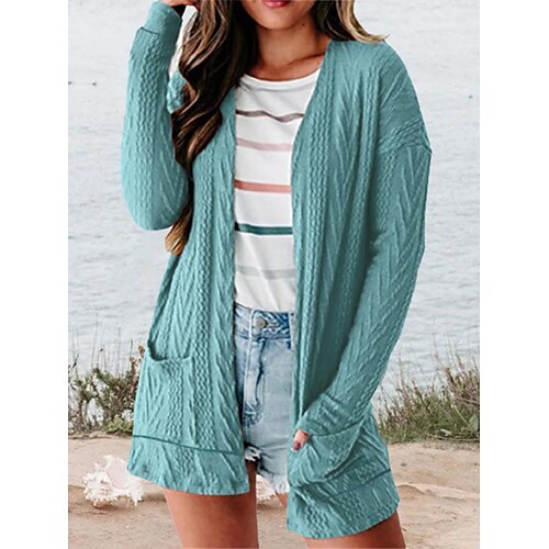 

Mulheres Sueter Cardigan Saltador Cabo Tricotar Bolsos Côr Sólida Abertura Frontal à moda Casual Diário Para Noite Verão Primavera Preto Vinho S M L
