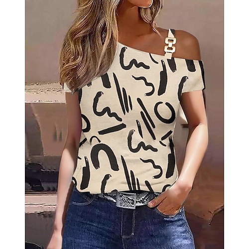 

Women's T shirt Tee Black White Brown Graphic Color Block Print Short Sleeve Casual Basic One Shoulder Regular S