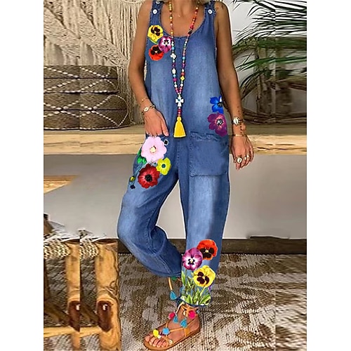 

denim jumpsuit for women ensemble poche imprimé floral u cou vacances actives week-end pantalon cargo coupe ample sans manches gris foncé bleu clair s m l été automne cowgirl jeans western wear