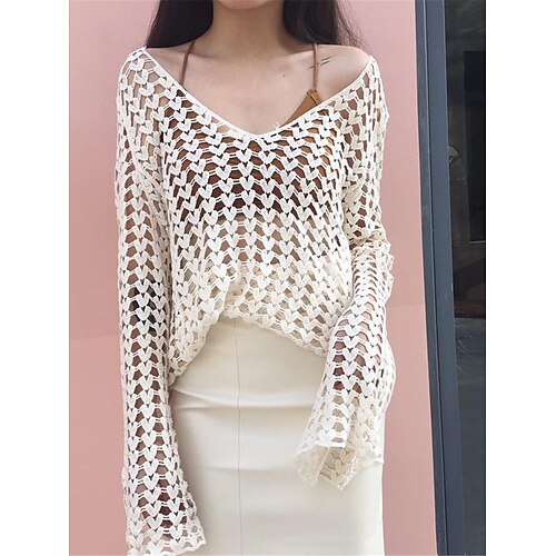 

Mulheres Pulôver suéter Saltador Crochê Tricotar Buraco Côr Sólida Decote V à moda Casual Diário Para Noite Verão Primavera Branco Bege Tamanho Único