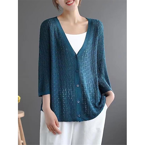 

Mulheres Sueter Cardigan Saltador Crochê Tricotar Botão Buraco Côr Sólida Decote V à moda Casual Diário Para Noite Verão Primavera Amarelo Azul Tamanho Único