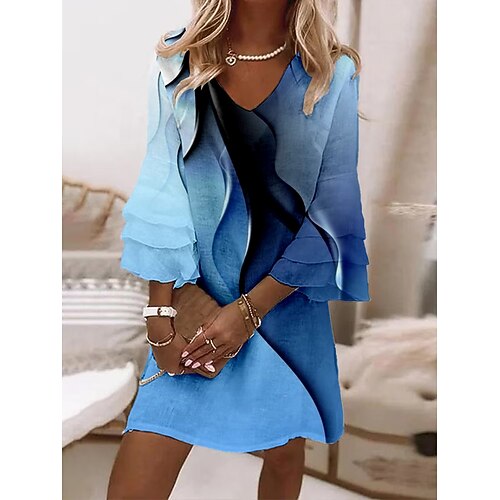 

Women's Casual Dress Summer Dress Print Dress Floral Ombre Ruffle Print V Neck Ruffle Sleeve Mini Dress Fashion Streetwear Outdoor Daily 3/4 Length Sleeve Loose Fit White Royal Blue Blue Summer Spring