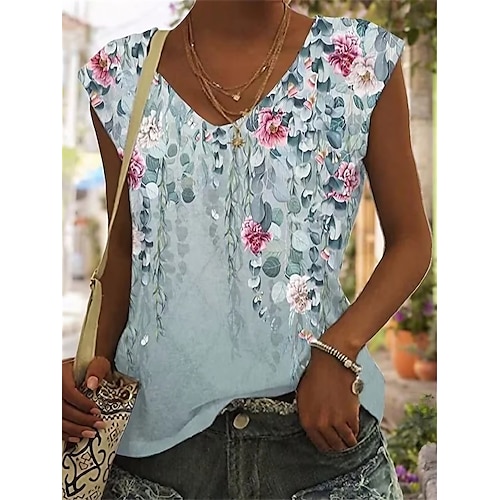 

Women's Tank Top Floral Pink Blue Green Print Sleeveless Casual Holiday Basic V Neck Regular Fit