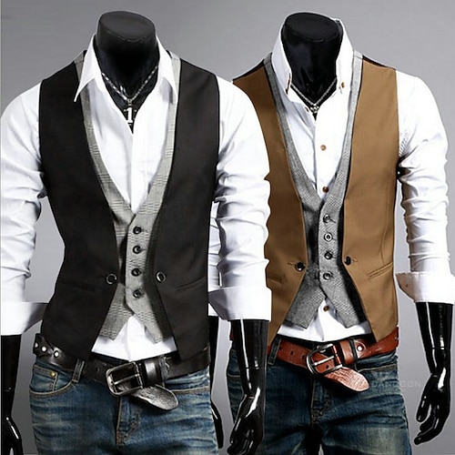 

Men's Suit Vest Waistcoat Formal Wedding Work Business 1920s Smart Casual Cotton Polyester Solid Colored Slim Black Brown Vest