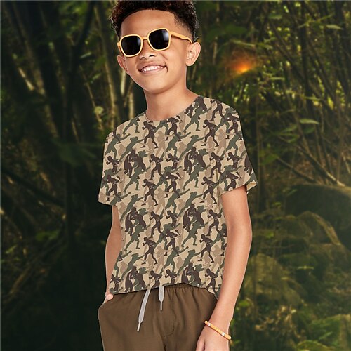 

Jungen-Camouflage-T-Shirt, kurzärmeliges T-Shirt, T-Shirt mit grafischem 3D-Druck, aktiver Sport, Mode, Polyester, Outdoor, lässig, täglich, Kinder, Rundhalsausschnitt, 3–12 Jahre, 3D-gedruckte Grafik, normale Passform