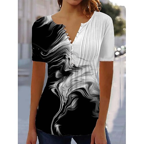 

Mulheres Camiseta Preto Branco Gráfico Botão Imprimir Manga Curta Diário Final de semana Básico Decote Redondo Padrão Abstrato Pintura S