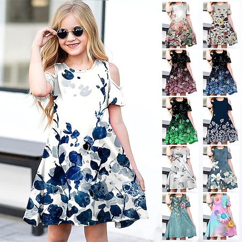 

Kids Little Girls' Dress Floral A Line Dress Daily Holiday Vacation Print Green Blue White Above Knee Short Sleeve Casual Cute Sweet Dresses Spring Summer Regular Fit 3-12 Years