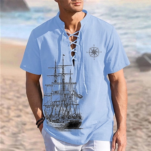 

Hombre Camisa camisa de lino Henley Shirt Estampados Velero Escote Chino Ropa Exterior Calle Manga Corta Correa Estampado Lino Moda Ropa de calle Design Casual