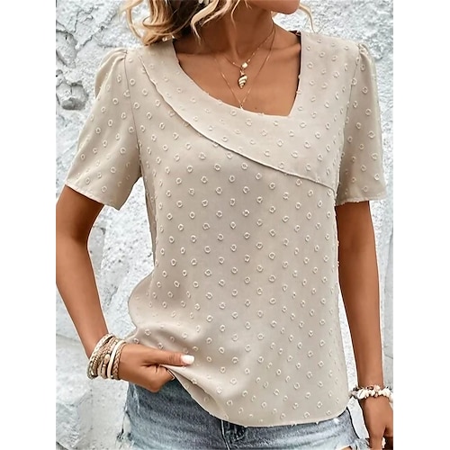 

Mujer Camisa Blusa Beige Plano Manga Corta Casual Básico Escote en Pico Regular S