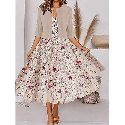 

Women's Two Piece Dress Set Party Dress Chiffon Dress Party Outdoor Fashion Party Print Midi Dress V Neck Half Sleeve Floral Regular Fit Apricot Summer Spring S M L XL XXL