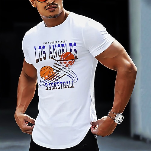 Graphic Prints Basketball White Yellow Navy Blue T shirt Tee Graphic Tee  Men's Graphic Cotton Blend Shirt Casual Shirt Short Sleeve Comfortable Tee  Outdoor Street Summer Fashion Designer Clothing S M 2024 - $8.69